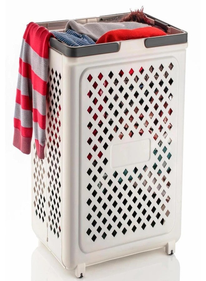 Hidak Large Foldable Laundry Basket with Wheels, White Plastic Rolling Laundry Hamper, Ventilated Airflow Design, Space-Saving Collapsible Storage Basket with Handles - Image 5